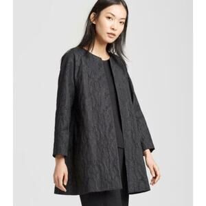 EILEEN FISHER Black Shimmer Jacquard Long Open-Front Jacket // M